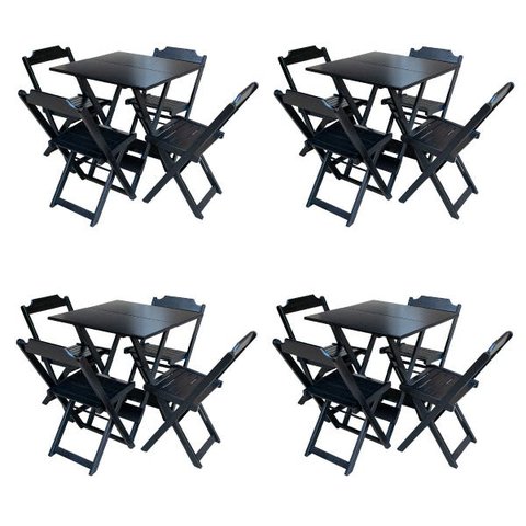 Kit 4 Jogos de Mesa com 4 Cadeiras de Madeira Dobravel 60x60 Ideal para Bar e Restaurante - Preto