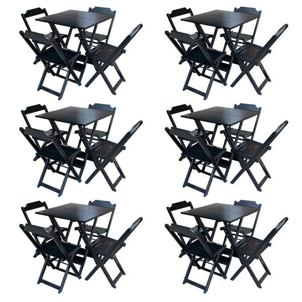 Kit 6 Jogos de Mesa com 4 Cadeiras de Madeira Dobravel 60x60 Ideal para Bar e Restaurante - Preto