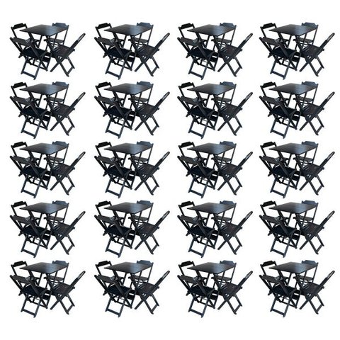 Kit 20 Jogos de Mesa com 4 Cadeiras de Madeira Dobrável 60x60 Ideal para Bar e Restaurante - Preto