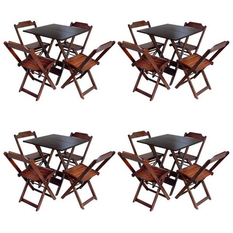 Kit 4 Jogos de Mesa com 4 Cadeiras de Madeira Dobrável 60x60 Ideal para Bar e Restaurante - Imbuia