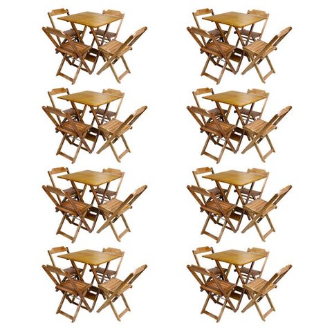 Kit 8 Jogos de Mesa com 4 Cadeiras de Madeira Dobrável 60x60 Ideal para Bar e Restaurante -Mel
