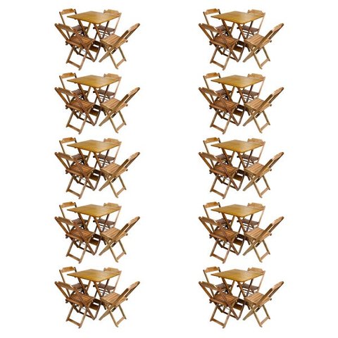Kit 10 Jogos de Mesa com 4 Cadeiras de Madeira Dobrável 60x60 Ideal para Bar e Restaurante - Mel