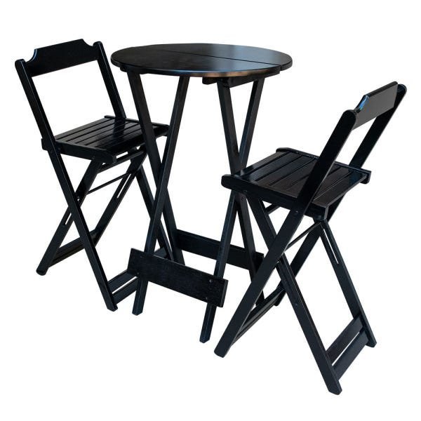 Conjunto de Mesa Bistrô de Madeira com 2 Cadeiras Dobravel Ideal para Bar e Restaurante Preto - 1