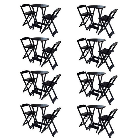 Kit 8 Jogos De Mesa Bistrô De Madeira Com 2 Cadeiras Dobravel Ideal Para Bar E Restaurante Preto