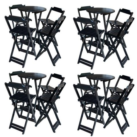 Kit 4 Jogos De Mesa Bistrô De Madeira Com 4 Cadeiras Dobravel Ideal Para Bar E Restaurante Preto