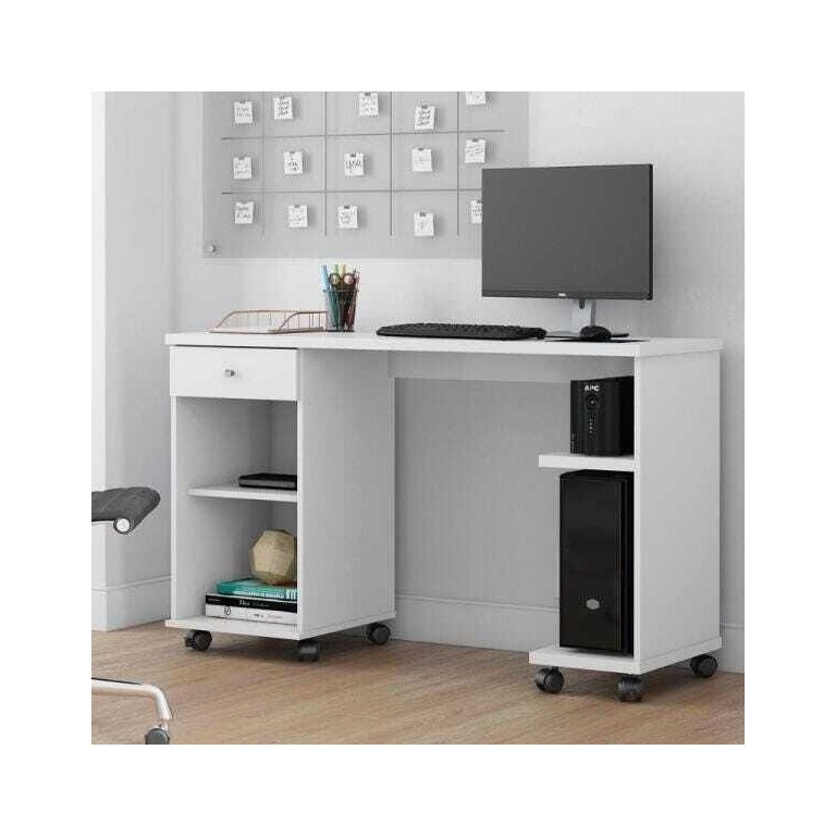 Mesa para Computador Escritório Quarto com Rodízios 1 Gaveta Escrivaninha Million Branco