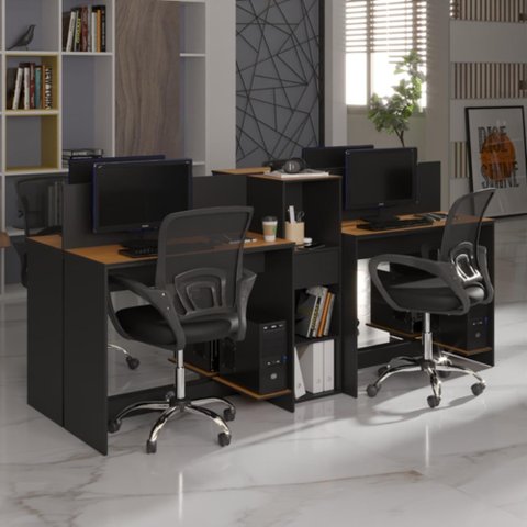 Estação de Trabalho 4 Lugares Office Smart 4 Mesas 2 Armários - Preto e Cedro