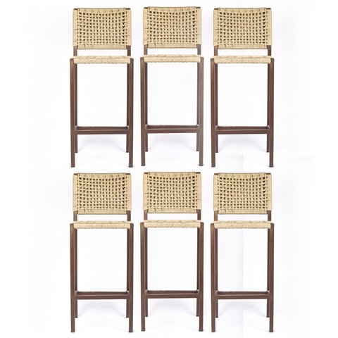 Banqueta Bistrô Balcão Gourmet Corda Nautica – Aço – Marrom e Bege – Kit 6