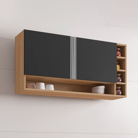 Armário Aéreo Cozinha Vanessa 105cm 2 Portas Nicho Lateral Mdp Funcional Amêndoa Preto - Desk Design