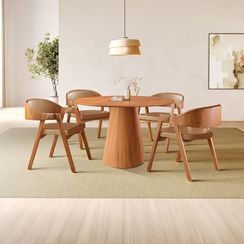 Conjunto Sala de Jantar Mesa Cone Amadeirada + 4 Cadeiras Gaia