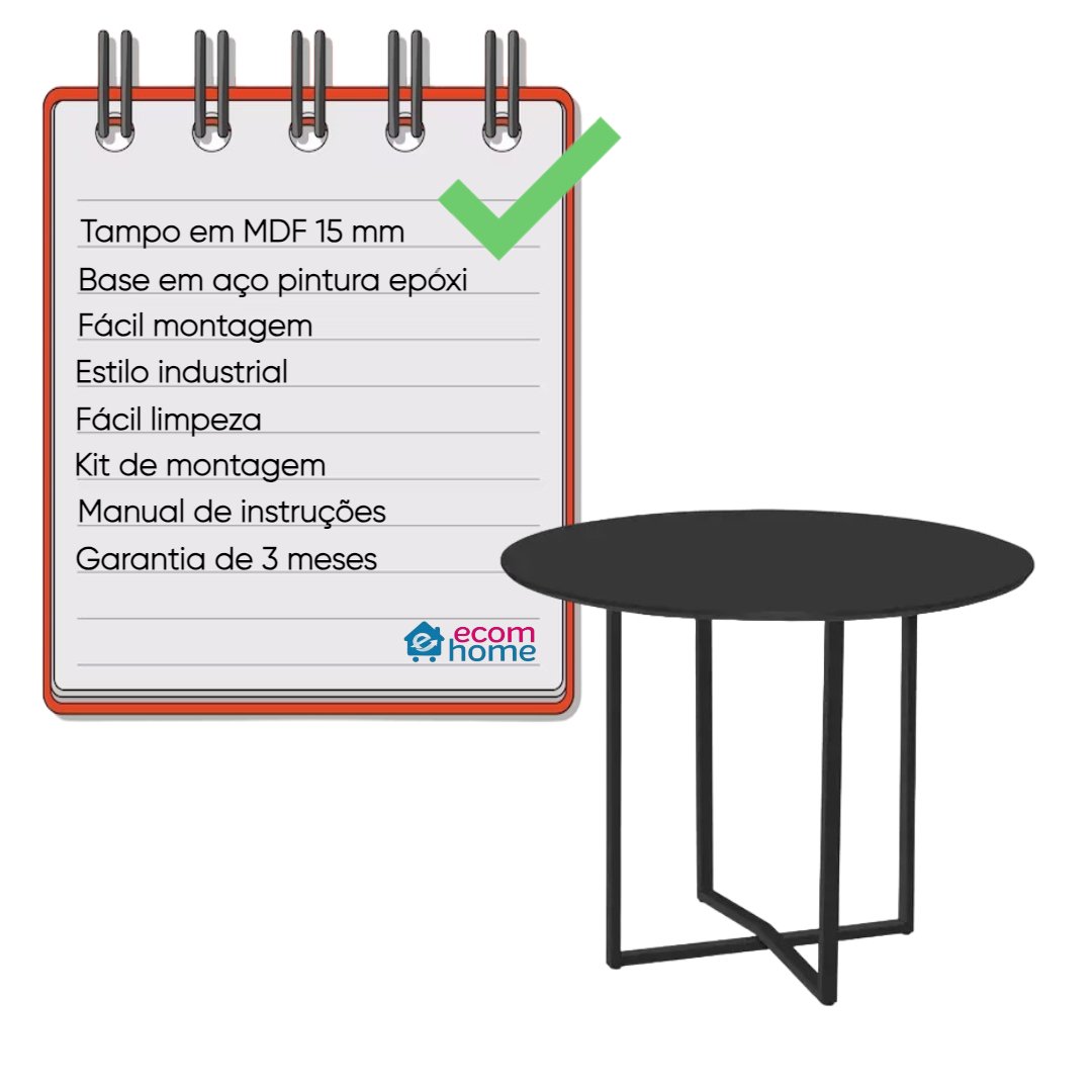 Mesa Estilo Industrial Redonda Mdf e Aço Preta - 3