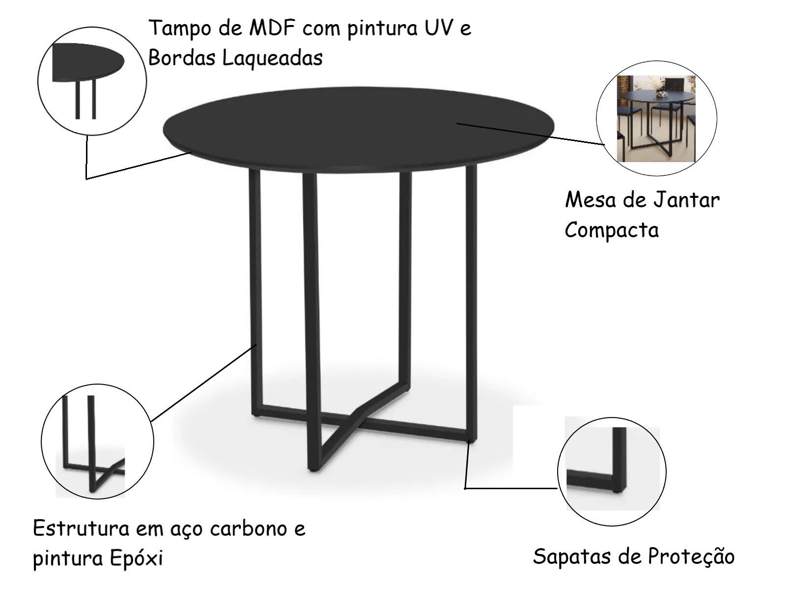 Mesa Estilo Industrial Redonda Mdf e Aço Preta para Sala de Jantar Cozinha Ecomhome - 4