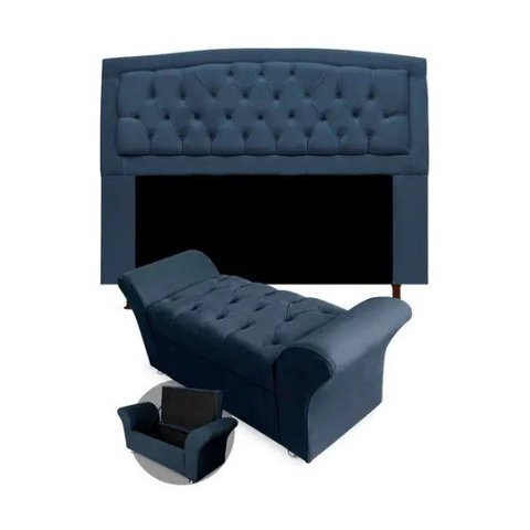 Kit Cabeceira Geovana e Calçadeira Veneza Solteiro 100cm Suede Renascer Decor:Azul Marinho