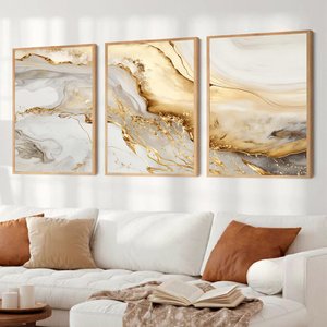 Kit Quadro Decorativo 3 Telas Mármore Luxo Branco e Dourado Tacolado Moldura Trad 1cm Branca sem Vid