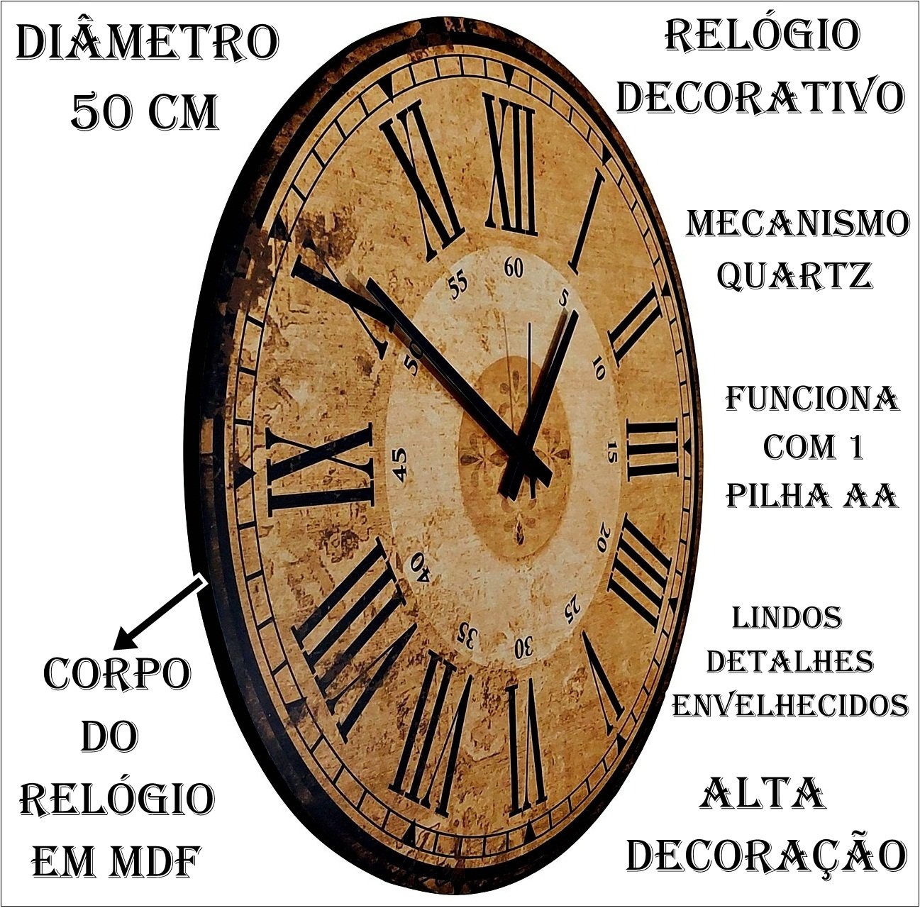 Relógio de Parede Grande 50cm Relógio Parede Antigo Vintage - 4