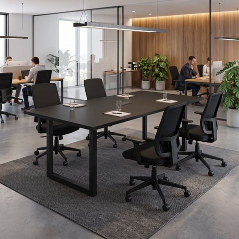 Mesa Reunião Industrial 1,80m x 90cm 100% MDF com Caixa de Tomadas Pés Metal F5 Office Cor:Preto