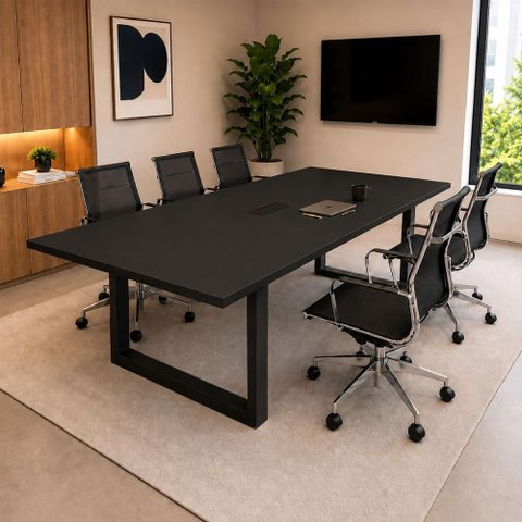 Mesa Reunião Industrial 1,80m x 90cm 100% MDF com Caixa de Tomadas Pés Metal F5 Office Cor:Preto