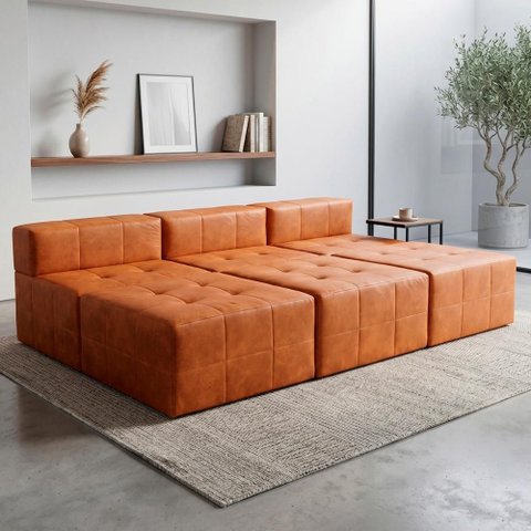 Sofá Modular Confort com Puff Bom Pastor Caramelo Veludo PU