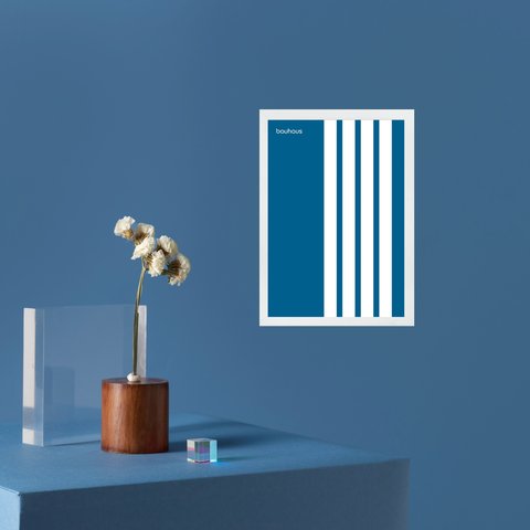 Quadro Abstrato Bauhaus Minimalista Azul - Linhas Paralelas 45x34cm - com Vidro:moldura Branca