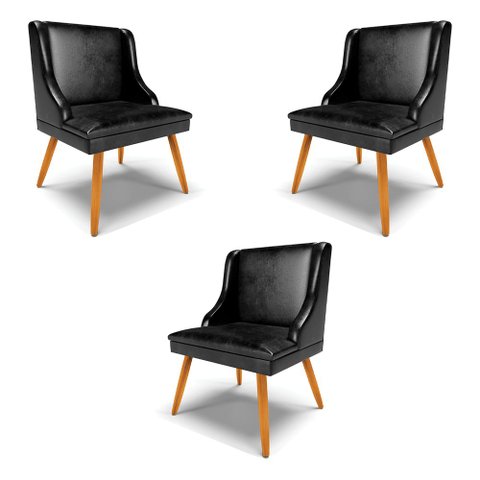 Kit 3 Cadeiras Decorativas Sala de Jantar Pés Palito de Madeira Firenze PU Preto Brilho/Natural G19 