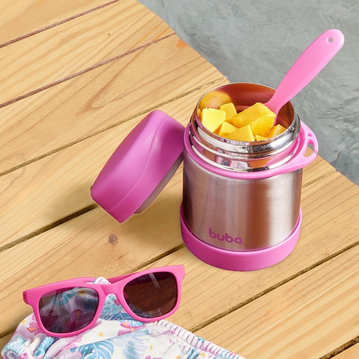 Pote Térmico De Aço Inox Liso 360ml Comida Papinha Bebê Com Talher +6m Buba - Rosa - 3