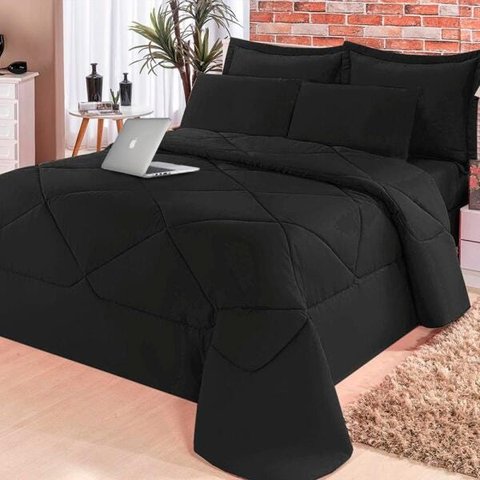 Jogo de Cama Galles Casa Dona Dupla Face Casal Queen 6 Peças com Lençol Preto
