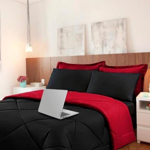 Kit 6 pças Jogo de Cama Afável Microfibra Casa Dona Original Preto e Vermelho