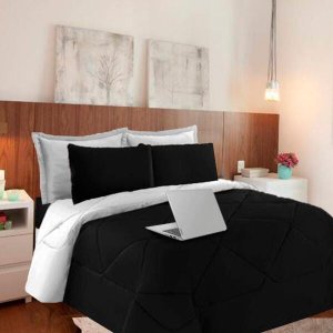Kit 6 Pças Jogo de Cama Afável Microfibra Casa Dona Original Preto e Branco