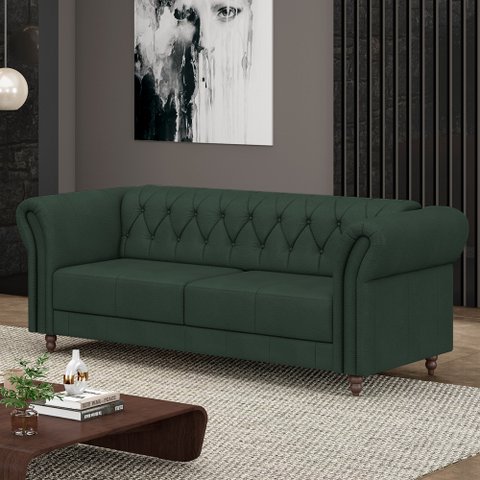 Sofá Living Sala de Estar Stanford Chesterfield 2 Lugares 200cm Pés de Madeira Couro Verde G58 - Gra