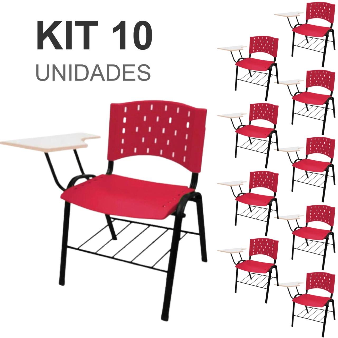 KIT 10 Cadeiras Universitárias com Prancheta e Porta Livros - Cor Vermelho - REAPLAST - 32028 - 1