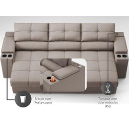 Sofá com Porta Copos e Carregador USB Retrátil e Reclinável Ringo 2,30m Velosuede Bege - NETSOFAS - 6