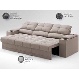 Sofá com Porta Copos e Carregador USB Retrátil e Reclinável Ringo 2,30m Velosuede Bege - NETSOFAS - 4
