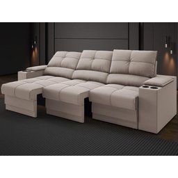 Sofá com Porta Copos e Carregador USB Retrátil e Reclinável Ringo 2,30m Velosuede Bege - NETSOFAS - 1