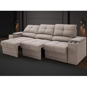 Sofá com Porta Copos e Carregador USB Retrátil e Reclinável Ringo 2,30m Velosuede Bege - NETSOFAS
