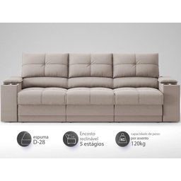 Sofá com Porta Copos e Carregador USB Retrátil e Reclinável Ringo 2,30m Velosuede Bege - NETSOFAS - 3
