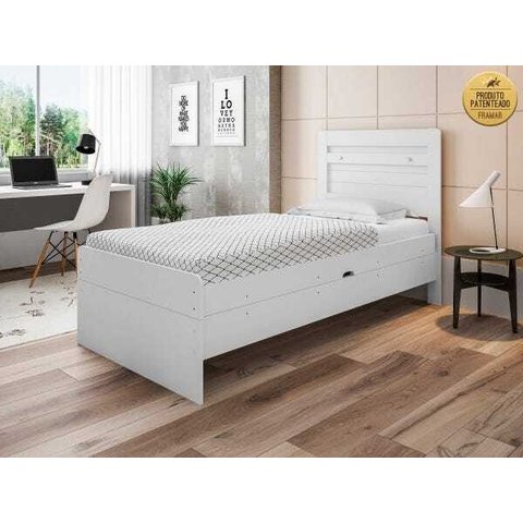 Cama Solteiro Baú Larissa Branca com Colchão