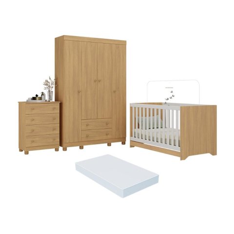 Quarto de Bebê Completo Berço Americano 3 em 1 Colchão Allegra Multimóveis Mp4602 Madeirado