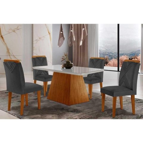 Sala de Jantar Completa Luna Tampo Madeirado C- Vidro Canto Reto 120x80 e 4 Cadeiras Amsterdã