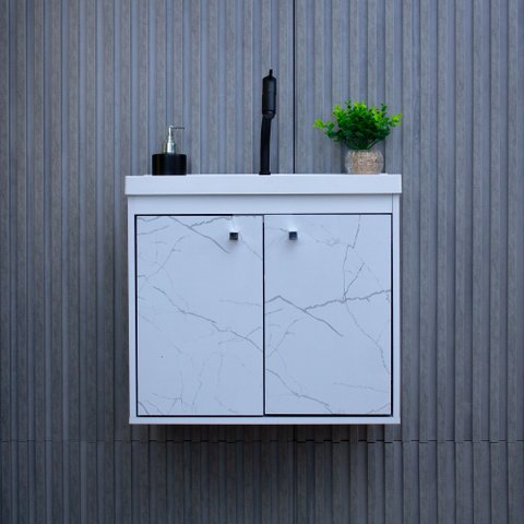 Kit Armário para Banheiro 50cm Mdf com Cuba + Espelheira - Bergamo Branco