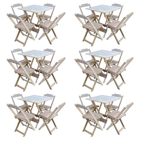 Kit 6 Conjuntos de Mesa com 4 Cadeiras de Madeira Dobrável 70x70 sem Pintura/Crua