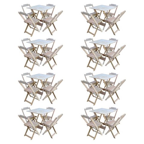Kit 8 Conjuntos de Mesa com 4 Cadeiras de Madeira Dobrável 70x70 sem Pintura/crua