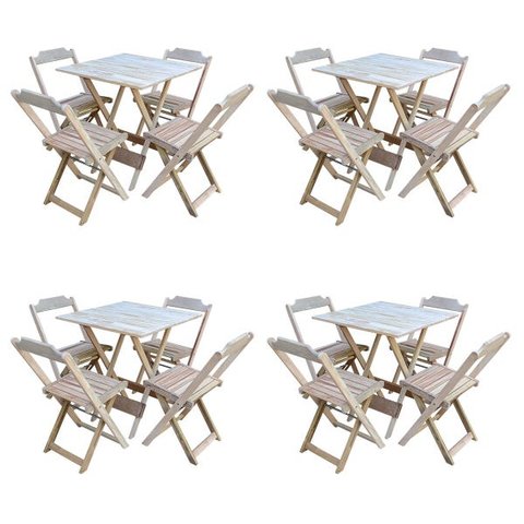 Kit 4 Conjuntos de Mesa com 4 Cadeiras de Madeira Dobrável 70x70 sem Pintura/crua