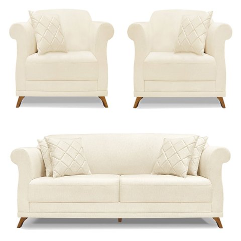 Kit 2 Poltronas e Sofá Living 2 Lugares 1,60m Vênus Linho Pés Castanho - Pallazio Cinza