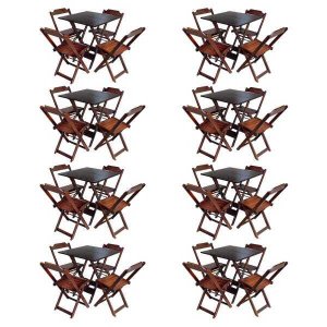 Kit 8 Jogos de Mesa com 4 Cadeiras de Madeira Dobrável 70x70 Ideal para Bar e Restaurante - Imbuia