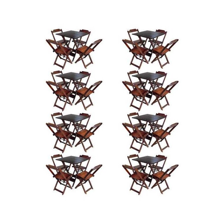 Kit 8 Jogos de Mesa com 4 Cadeiras de Madeira Dobrável 70x70 Ideal para Bar e Restaurante - Imbuia Kit 8 Jogos de Mesa com 4 Cadeiras de Madeira Dobrável 70x70 Ideal para Bar e Restaurante - Imbuia