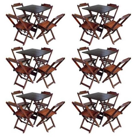 Kit 6 Jogos de Mesa com 4 Cadeiras de Madeira Dobravel 70x70 Ideal para Bar e Restaurante - Imbuia