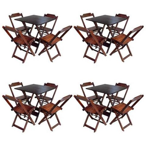Kit 4 Jogos de Mesa com 4 Cadeiras de Madeira Dobravel 70x70 Ideal para Bar e Restaurante - Imbuia