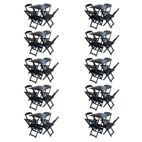 Kit 10 Conjuntos de Mesa com 4 Cadeiras de Madeira Dobrável 70x70 Preto