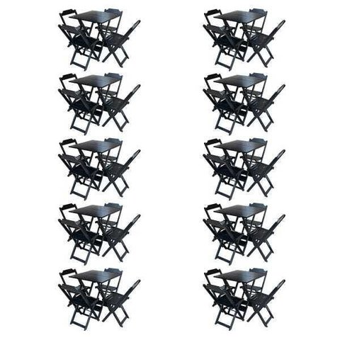 Kit 10 Jogos de Mesa com 4 Cadeiras de Madeira Dobrável 70x70 Ideal para Bar e Restaurante - Preto