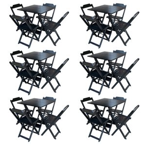 Kit 6 Jogos de Mesa com 4 Cadeiras de Madeira Dobrável 70x70 Ideal para Bar e Restaurante - Preto